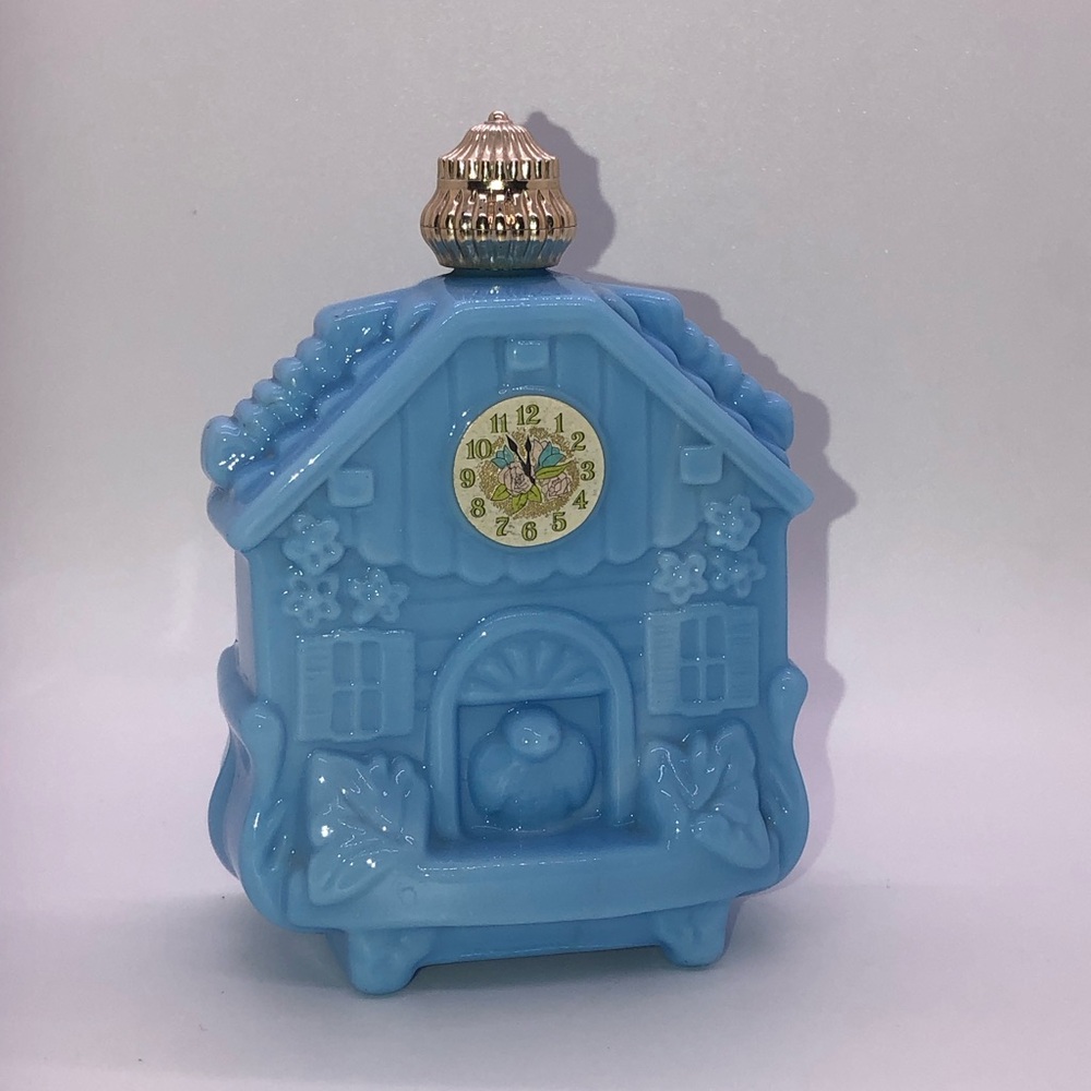 Vintage Avon Enchanted Hours Bird House Blue Milk Glass Cologne Half Full Rose
